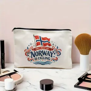 Weißer Kosmetikbeutel aus Leinen mit Norwegen Druck, tragbare Reißverschluss Make-up Tasche.