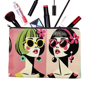 Detailed view of the stylish retro pop art canvas cosmetic pouch with smooth zipper.