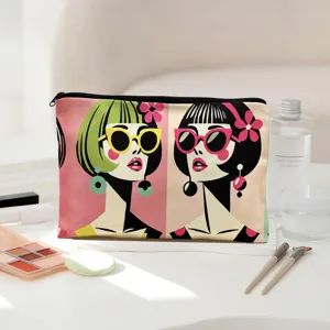 Canvas zipper makeup pouch with pop art woman illustration for travel cosmetic storage.