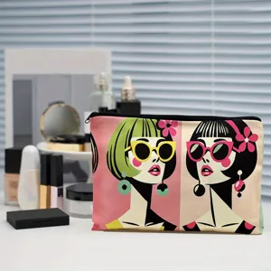 Detailed view of the stylish zipper cosmetic pouch featuring retro pop art women illustrations.