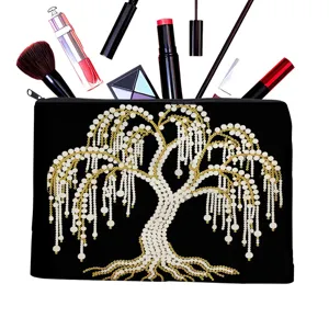Schwarze Kosmetiktasche mit Reißverschluss und Perlenbaum-Druck, ideale Make-up Aufbewahrung.