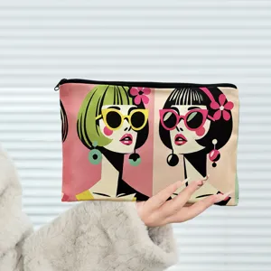 Canvas cosmetic zipper pouch with stylish retro pop art women illustration for daily storage.