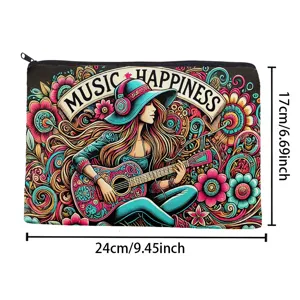 Bohemian style guitar girl print canvas cosmetic pouch, zipper makeup bag and stylish pencil case.