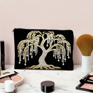 Detailansicht der schwarzen Leinen-Make-up-Aufbewahrungstasche mit Perlenweiden-Druck.