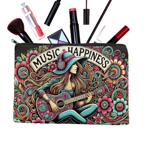 Canvas zipper cosmetic bag with music girl graphic print, stylish makeup pouch and pencil case.