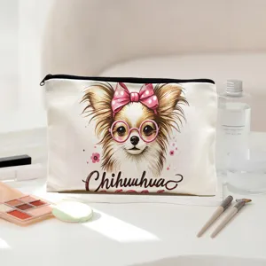 Leinwand Reißverschluss Kosmetiktasche mit süßem Chihuahua Print, Reise Make-up Etui.