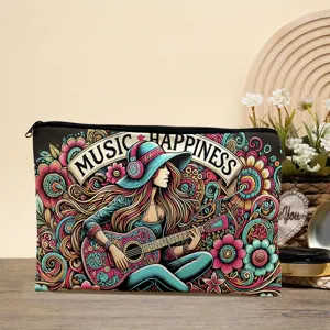 Detailed view of the vibrant guitar girl illustration cosmetic bag with secure zipper.