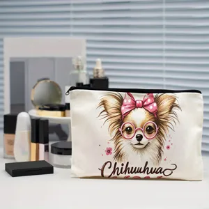 Leinwand Kosmetiktasche mit süßem Chihuahua-Druck, tragbare Reise Make-up Beutel für Damen.