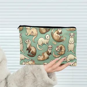 Carina borsa cosmetica in tela con stampa furetti e cerniera per organizzazione quotidiana.