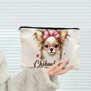 Leinwand Kosmetiktasche Detail, süßer Chihuahua Hundeblick mit Brille, Reißverschluss, reisen.