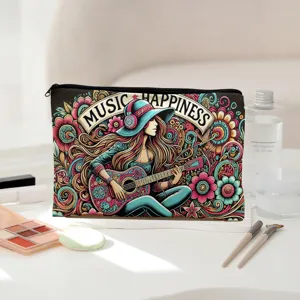 Stylish floral illustration zipper cosmetic bag canvas pencil case for daily makeup storage.