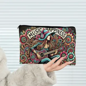 Colorful music girl print zipper cosmetic bag, stylish travel makeup pouch and pencil case.