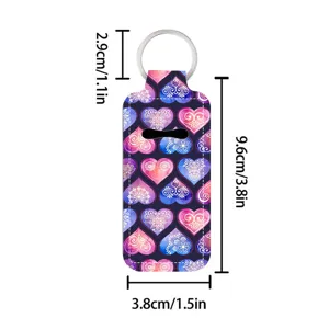 Neoprene lipstick holder keychain with colorful heart mandala pattern and metal ring.