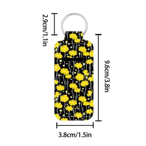 Black floral lipstick holder keychain with metal ring and portable PU leather lip balm pouch.