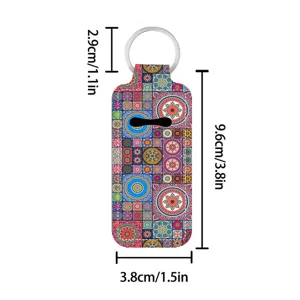 Neoprene lipstick holder keychain detail view displaying exact product size and bohemian pattern.
