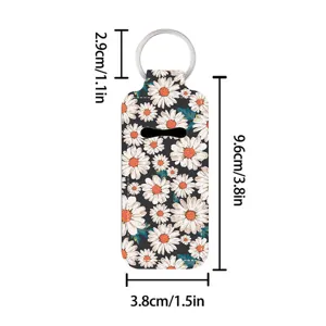 Floral print lipstick sleeve keychain with dimension details, portable lip balm holder accessory.