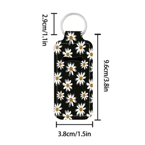 Floral lipstick sleeve keychain holder with ring, cute daisy pattern portable lip balm case.