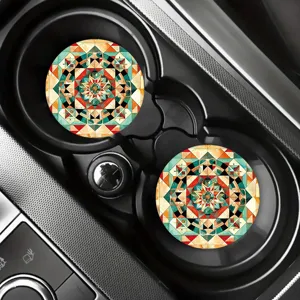 Geometric mandala car cup coasters, stylish anti-slip interior accessories for automotive use.
