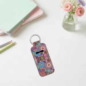 Neoprene lipstick holder keychain with vibrant colorful mandala floral print for women bag.