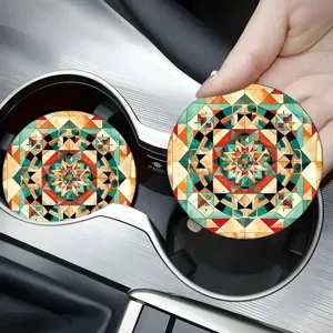Universal car cup holder coaster featuring vibrant geometric mandala art pattern for auto interior.