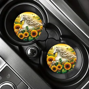 Paar saugfähige Auto-Getränkehalter-Untersetzer mit weißem Pferd und Sonnenblumen-Muster.