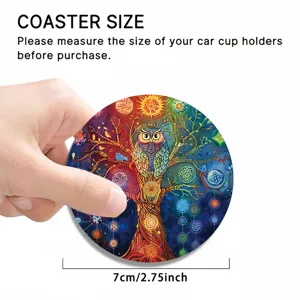 Car cup coaster with colorful tree and owl design, absorbent silicone, 7cm diameter size for auto.