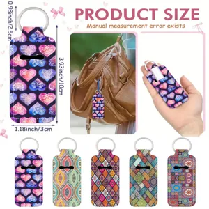 Neoprene Lipstick Holder Keychain Bohemian Mandala Heart Print Lip Balm Pouch With Zinc Alloy Key Ring For Women Bag Accessories