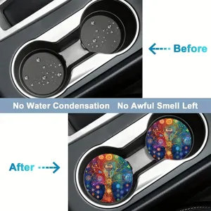 Absorbent car coasters with colorful owl tree design for cup holders, before and after use.