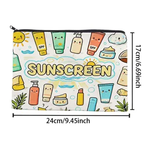 Cute cartoon sunscreen print canvas cosmetic bag portable zipper makeup pouch travel organizer