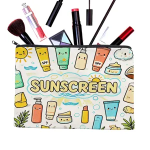 Cute cartoon sunscreen print cosmetic bag zipper travel makeup pouch for women and girls.