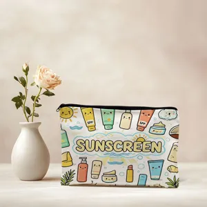 Digital printed canvas cosmetic bag cute sunscreen pattern travel makeup pouch zipper