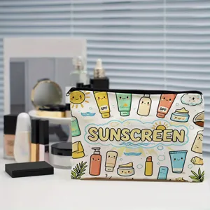 Cute cartoon sunscreen print cosmetic bag, canvas zipper portable travel makeup storage pouch.