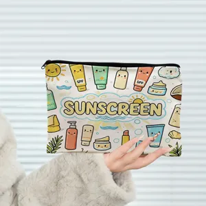 Cute cartoon sunscreen printed cosmetic bag, portable zipper travel makeup pouch for women.