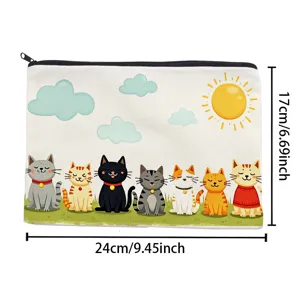 Cute cartoon cat canvas zipper cosmetic bag, portable travel makeup pouch organizer 24x17cm