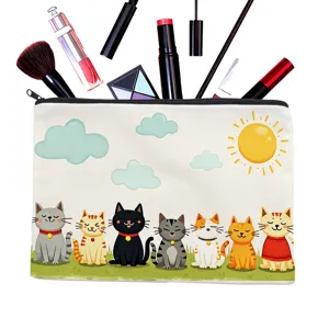 Cute cat print canvas cosmetic bag detail view showing daily makeup storage and cute design.