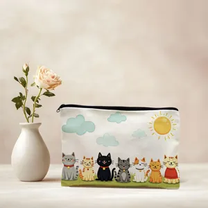 Cute cartoon cats print canvas makeup pouch detail view, ideal for daily travel storage.