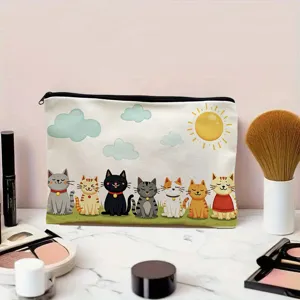 Close up view of the cute cartoon cat pattern canvas makeup pouch, showing fine details.