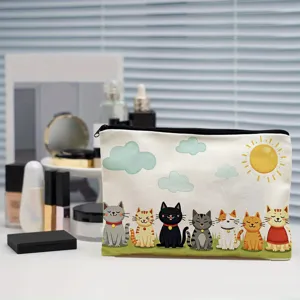 Cute cartoon cats print canvas makeup bag, portable travel storage clutch for women and girls.
