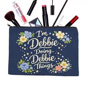 Canvas cosmetic bag with floral print and custom text design for daily travel storage.