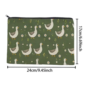 Green duck and daisy floral canvas cosmetic bag zipper travel clutch storage pouch 24x17cm