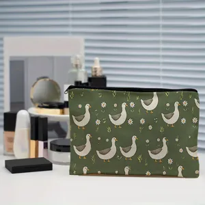 Cute duck print canvas cosmetic bag, green portable travel zipper makeup pouch for women.