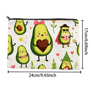 Cute cartoon avocado print canvas cosmetic bag, multi-functional travel zipper pouch 24x17cm