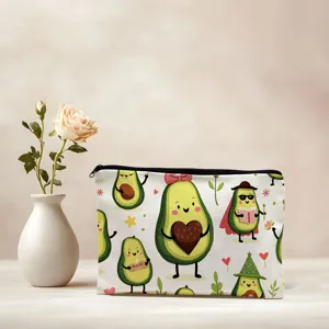 Cute cartoon avocado print makeup bag, canvas zipper pouch for daily travel storage.