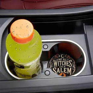 Halloween silicone car coaster, round heat-resistant cup mat with witch quote design.