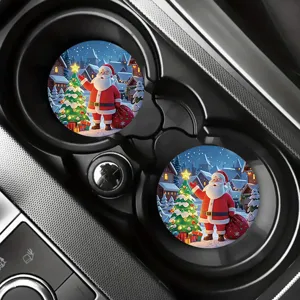 Christmas car cup coasters with cute cartoon Santa and tree design, absorbent material.