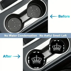 Detail view of sparkly rhinestone crown car cup holder coaster showing waterproof effect.