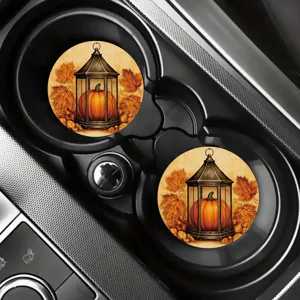 Autumn pumpkin lantern pattern car cup coaster detail shot, close-up interior view, durable.