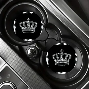 Car cup holder coasters with dazzling rhinestone crown pattern, non-slip silicone auto accessories