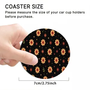 Car cup holder coaster size detail view, showing 7cm diameter and retro floral pattern design.