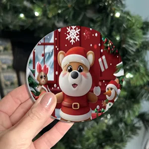Christmas themed cute cartoon bear printed round silicone coaster, festive table decor detail.